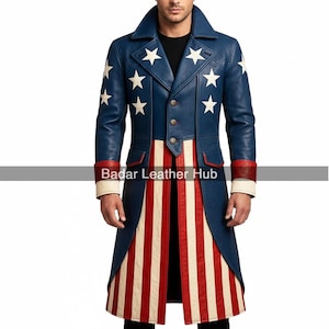 Może przedstawiać: Niebieski skórzany płaszcz z białymi gwiazdami na ramionach i czerwono-białym paskiem na dole. Płaszcz ma zapięcie na guziki, szeroki kołnierz oraz czerwono-białe mankiety. Unikalny design.