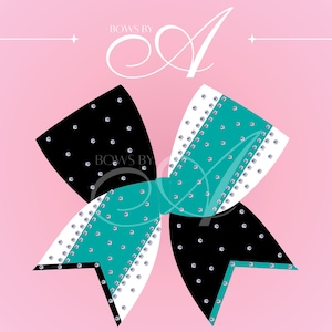 Könnte beinhalten: Eine Haarschleife in den Farben Schwarz, Weiß und Türkis mit verstreuten Strassverzierungen. Das Design besteht aus einem zentralen Knoten und vier spitz zulaufenden Enden. Der Text "BOWS BY A" ist oben und mittig im Bild zu sehen.