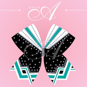 May include: A black and teal cheer bow with white polka dots and a rhinestone center. The bow has a geometric design and the text "Bows by A" in a script font on a pink background with stars.