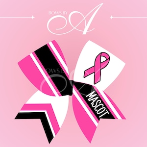 May include: A hair bow featuring a pink, black, and white color scheme with striped patterns. One side displays a pink awareness ribbon on a white background, while the other side features the word MASCOT in white text on a black diagonal stripe.