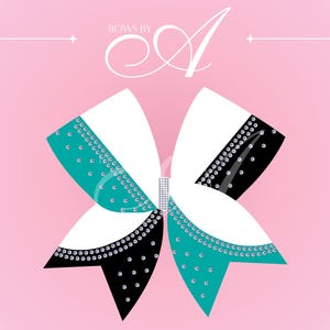 May include: A large hair bow featuring a symmetrical design with white, black, and teal panels. The bow is embellished with rows of clear rhinestones across the colored sections and a central vertical strip of silver crystals. Text reads BOWS BY A.