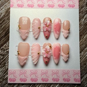 Pink French Press On Nails, Medium Length Almond, 3D Flower Nails, French Tip Nails, Light Pink Nails, Spring Summer Nails