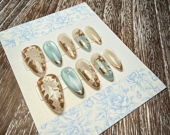 Creme and Blue Cat Eye with Gold Chrome Press On Nails, Medium Length Almond