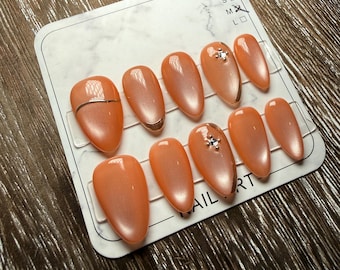 Light Orange Cat Eye Press On Nails, Short Length Almond, Chrome Nails, Summer Fall Nails, Magnetic Nails, Handmade Fake Nails