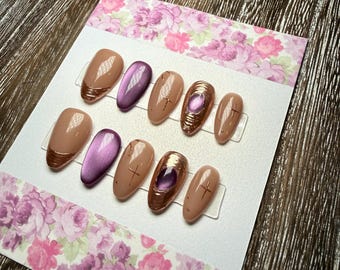 Purple Cat Eye, Gold Chrome, Press On Nails, Short Length Almond, Handmade