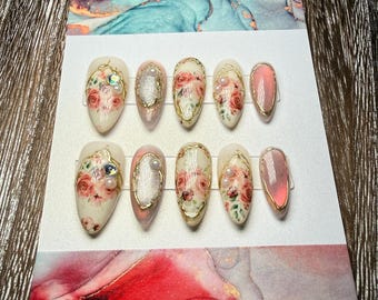 White with Roses and Pink Aura Cat Eye Press On Nails, Chrome Nails, Medium Length Almond Nails, Floral Nails, Glitter Nails, Reusable Nails