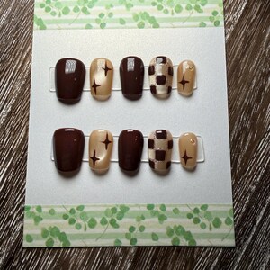 Brown Checkered Press On Nails, XShort Square, Cat Eye Nails, Magnetic Nails, Trendy Nail Set, Handmade Nails, Summer Fall Nails