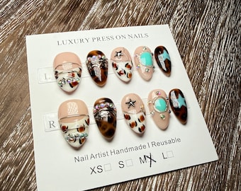 Cheetah Print Press On Nails, Short Length Almond, Bangle Nails, Turquoise Nails, Star Nails, Country Nails, Leopard Nails, Western Nails