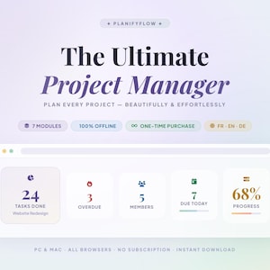 Peut inclure: Interface de gestion de projet numérique avec le texte "The Ultimate Project Manager". Il affiche des indicateurs clés : 24 tâches effectuées, 3 en retard, 5 membres, 7 dues aujourd'hui et 68% de progression. Comprend 7 modules et 100% hors ligne.