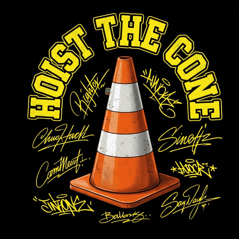 Hoist The Cone Grappige verkeerskegelhumor, grafisch straatontwerp, verkeerskegel meme png, quote stedelijke stijl. afbeelding 3