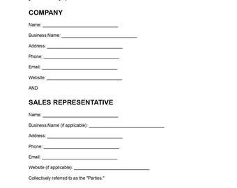 Sjabloon voor een overeenkomst met een verkoopvertegenwoordiger | Verkoopcontract | Overeenkomst voor een onafhankelijke verkoopagent | Bewerkbaar PDF-, DOC- en Word-bestand | Direct downloaden