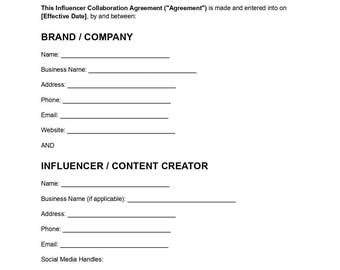 Sjabloon voor een samenwerkingsovereenkomst met een influencer, bewerkbaar PDF-document, merkpartnerschapscontract, influencerovereenkomstformulier, direct te downloaden