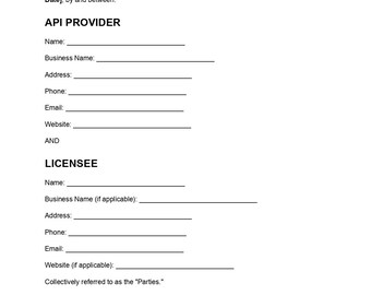 Sjabloon voor API-licentieovereenkomst, bewerkbaar PDF-document, licentieovereenkomst voor API-gebruik, API-toegangsovereenkomst, direct te downloaden