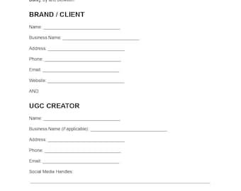 UGC Creator Agreement Template, bewerkbaar document (pdf), contract voor door gebruikers gegenereerde content, overeenkomst voor contentmakers, direct te downloaden