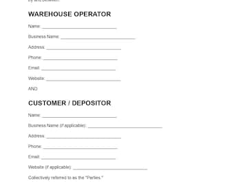 Sjabloon voor magazijnovereenkomst | Opslagcontract | Opslagovereenkomst | Bewerkbaar PDF- en DOC-bestand | Direct downloaden