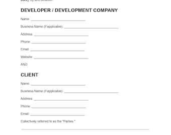 Sjabloon voor een app-ontwikkelingsovereenkomst, bewerkbaar document (pdf), softwareontwikkelingscontract, overeenkomst voor mobiele app-ontwikkelaar, direct te downloaden.