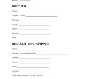 Dropshipping-overeenkomst sjabloon | Dropshipping-contract | Leveranciers- en detailhandelsovereenkomst | Bewerkbaar PDF-, DOC- en Word-bestand | Direct downloaden
