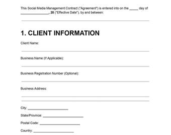 Contractsjabloon voor beheer van sociale media, bewerkbare marketingovereenkomst (directe download)