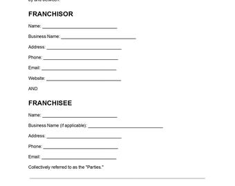 Franchiseovereenkomst sjabloon, bewerkbaar document (pdf), franchisecontractformulier, zakelijke franchiseovereenkomst, direct te downloaden