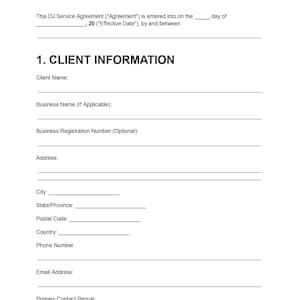 May include: A white document titled DJ SERVICE AGREEMENT in bold black text. The form includes a section for the Effective Date and a section labeled 1. CLIENT INFORMATION with blank lines for name, business details, address, city, state, and contact info.