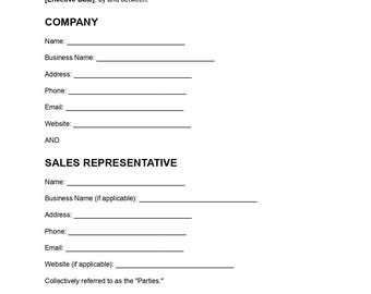 Sjabloon voor een verkoopcommissieovereenkomst, bewerkbaar document (pdf), contract voor een verkoopvertegenwoordiger, commissieovereenkomstformulier, direct te downloaden