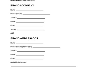 Sjabloon voor een merkambassadeursovereenkomst, bewerkbaar document (pdf), ambassadeurscontract, samenwerkingsovereenkomst met influencer, direct te downloaden