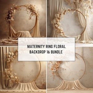 Könnte beinhalten: Vier Bilder von floralen Kulissen für Mutterschaftsringe. Jede Kulisse hat einen goldenen Ring, der mit Blumen geschmückt und mit Stoff drapiert ist. Der Text "MATERNITY RING FLORAL BACKDROP 16 BUNDLE" wird in einem weißen Feld angezeigt.