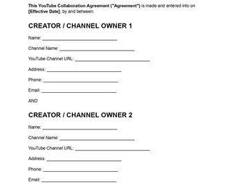 Sjabloon voor een samenwerkingsovereenkomst met YouTube, bewerkbaar PDF-document, contract voor YouTube-contentmakers, overeenkomst voor contentcollaboratie, direct te downloaden.