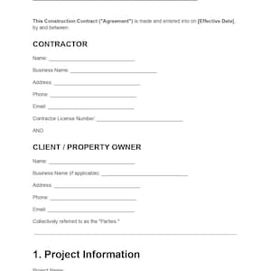 May include: A printed construction contract document featuring black text on a white background. The form includes sections for Contractor and Client/Property Owner details, with blank lines for names, addresses, phone numbers, emails, and project information.