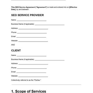 May include: A printed SEO Service Agreement document featuring sections for the SEO Service Provider and Client, including blank lines for names, business names, addresses, phone numbers, emails, and websites, followed by a Scope of Services header.