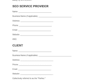 Sjabloon voor SEO-serviceovereenkomst, bewerkbaar PDF-document, SEO-contractformulier, overeenkomst voor zoekmachineoptimalisatie, direct te downloaden