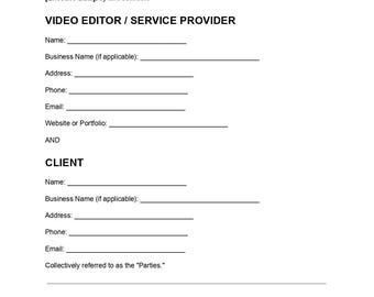 Sjabloon voor een overeenkomst voor videobewerkingsdiensten, bewerkbaar document (pdf), contractformulier voor videobewerking, overeenkomst voor bewerkingsdiensten, direct te downloaden