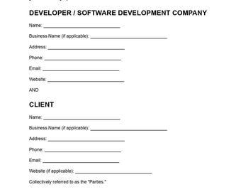 Softwareontwikkelingscontractsjabloon, bewerkbaar document (pdf), softwareontwikkelingsovereenkomst, ontwikkelaarscontract, direct te downloaden