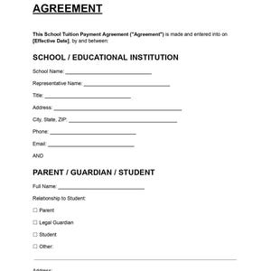 Peut inclure: Un document imprimé en noir et blanc d'accord de paiement des frais de scolarité avec des lignes vides pour les informations sur l'école et les parents, incluant des champs pour les noms, adresses, contacts et des cases à cocher.