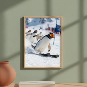 Póster de pingüino para esquí alpino - La evolución del esquí - Decoración invernal y de montaña con humor