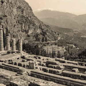 Greek Temple Photo, Temple of Apollo at Delphi, Ancient Greek Ruins, Sepia, Greece Travel Photography, Architecture, Canvas, FREE SHIPPING