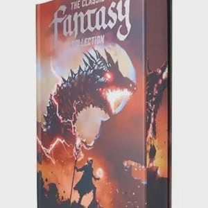 May include: A hardcover book titled The Classic Fantasy Collection featuring a dark, illustrated cover with a large, glowing-eyed dragon, a silhouetted figure holding a staff, and lightning bolts against a fiery orange and red background.