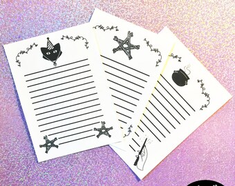 DIY Printable Witch Note Cards Memo Sheets with Black Cats Pentacles and Cauldron Witchcore