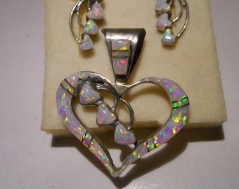 Sterling silver Australian Opal inlay/ Mosaic heart pendant and earring set