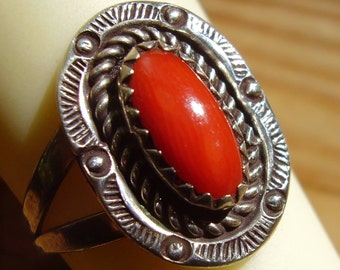 Old Signed Hand Crafted Sterling Silver Coral Ring  Size 7 3/4