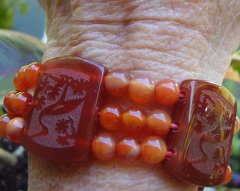 Vintage Etched Squares and round beads Carnelian Bracelet