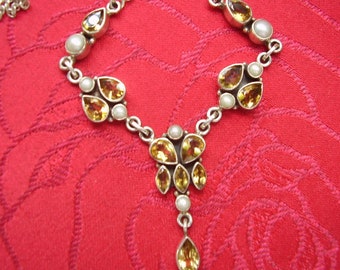 Vintage Sterling Silver Citrine Topaz and Pearl Y/Bib Necklace