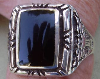 Vintage Art Deco Style Unisex Sterling Silver Black Onyx Ring Size 11