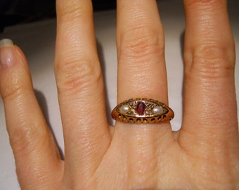 Old English Hallmarked Ruby and Diamond and Pearls Rose Gold Boat Ring Size 8