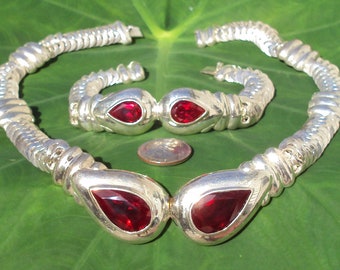 Vintage Heavy Solid Sterling Silver Necklace and Bracelet with Huge Faceted Red CZs