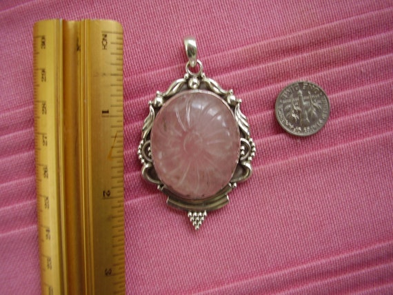 Large Carved Rose Quartz Sterling Silver Pendant - image 3