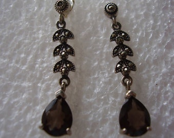 Vintage Sterling Silver Smoky Quartz and Marcasite earrings