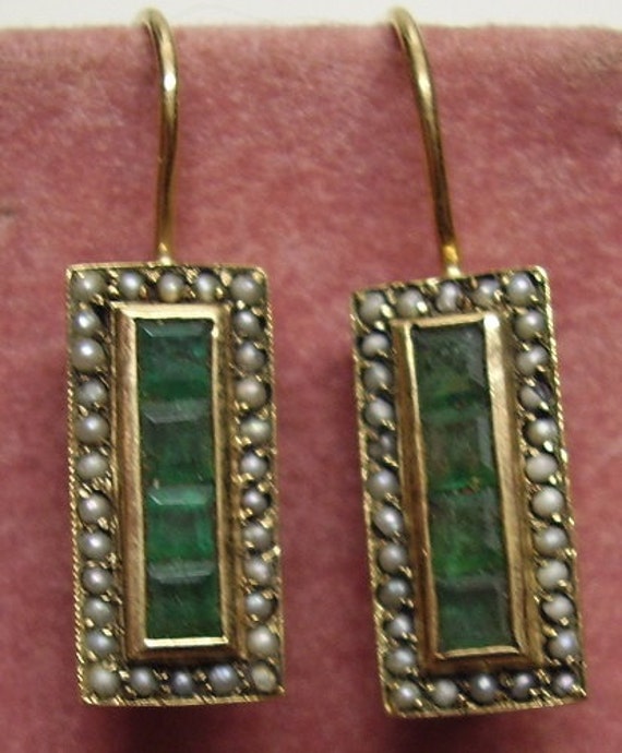 Estate  14KT Natural Emerald and Seed Pearl Earrin