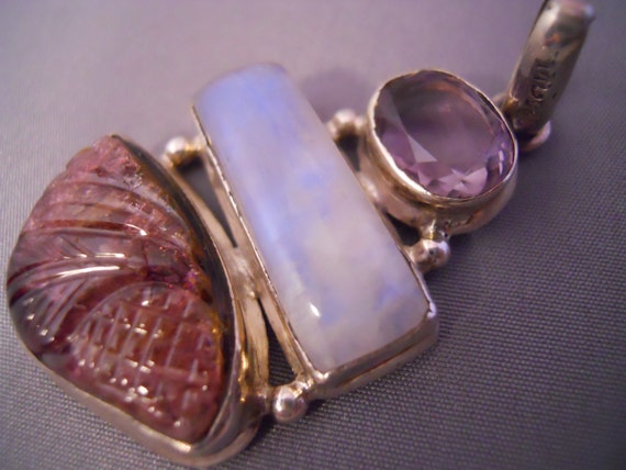 Vintage Sterling Silver Rainbow Moonstone and Ame… - image 1