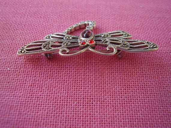 Vintage Sterling Silver Marcasite Dragon Fly Pin - image 4